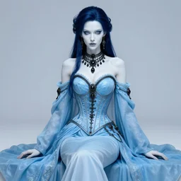 portrait of evil steampunk ice lady, elegant corset, pale white skin, sky - blue dress, robes, black jewerly, dark blue hair, sitting on ice throne, beautiful fractal ice background, ornamental, highly detailed, detailed face, smooth, sharp focus, digital painting, by artgerm and greg rutkowski and alphonse mucha