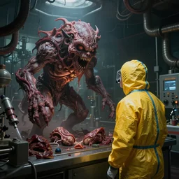 a man in a yellow hazmat suit looks on helplessly as an inter-dimensional meat monster grows out of control in a creepy underground lab