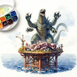 daniel brereton watercolor paints atomic endlessly multi claw - armed kaiju autopsy on offshore metal structure, cinematic, panorama