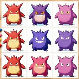 gastly haunter gengar and mega gengar transformation collage, colorful line drawing, pencil, colored pencil, vibrant, colorful
