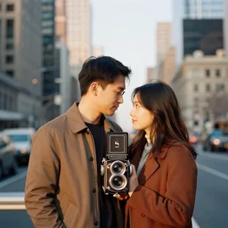 golden hour couple photographed with analog medium format rolleiflex in new york, 1 9 6 0 s film street photography, vintage expired colour film bokeh photograph