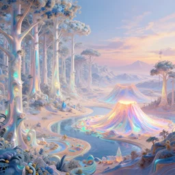 highly detailed holographic iridescent glowing ethereal sci fi world with forests, deserts, oceans, at dusk, by gilbert williams, by simon stalenhag, by beeple, by bruce pennington, by moebius, octane render, with many different pastel shades of blue pink orange yellow green, beautiful volumetric lighting, prismatic volcano