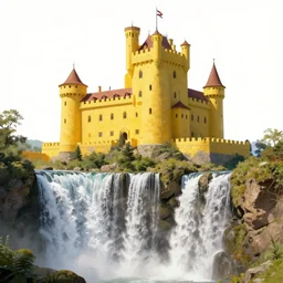 yellow castle above a waterfall, concept art, highly detailed, realistic, artstation, by daniel merriam