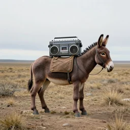 a boombox riding on a donkey in a tundra, sculpture, hyperrealistic
