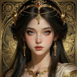 Judy from Cyberpunk 2077 as a Greek Goddess, beautiful detailed eyes, cute, fantasy, intricate, elegant, highly detailed, digital painting, 4k, HDR, concept art, detailed jewelry, smooth, sharp focus, illustration, art by Artgerm, H R Giger and Alphonse Mucha