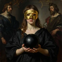 Realistic painting of beautiful woman in golden mask who holds a black voidness sphere in her hands, black cloth, shadows in baroque folds on background, the long shot, dramatic lighting, high-detailed oil painting by Ilya Repin, William Blake, Michelangelo da Caravaggio and Beksinski, masterpiece, 4k