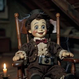 closeup old flash photo of a creepy dirty smiling cracked victorian ventriloquist dummy sitting in a rocking chair in an old abandoned attic at night, candles, spider webs, disposable camera, wes anderson, greg rutkowski,