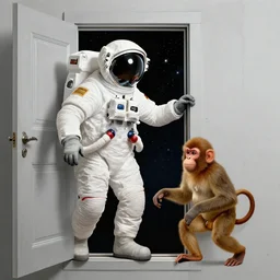astronaut and space monkey, opening door that shows space and time, by davinci, golden ratio, pencil art, circles, rectangles, shapes, highly detailed
