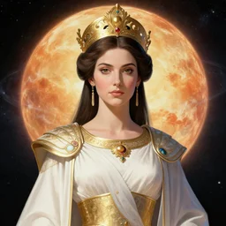 portrait of the powerful empress of the solar system in the style of peter mohrbacher and in the style of ralph steadman. glowing, ornate and intricate linework, sharp focus, depth of field, stunning, dynamic lighting, ultrafine and hyperdetailed.