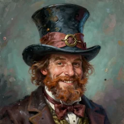 a fantasy painting of a smiling man with a beard wearing a mad hatter tophat trending on artstation, cgsociety, unreal engine