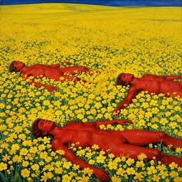 3 people in red desert drowning in a sea of yellow flowers, highly detailed, intricate, surreal, painting by Franz Marc, part by Yoji Shinkawa, part by Norman Rockwell