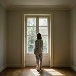 person in pyjamas standing near window, sun rays, daylight, french door window, 2 4 mm, anamorph lenses, photorealistic, high ceiling, style by thomas eakins