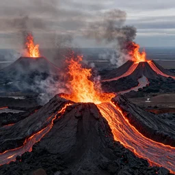 Erupting volcanoes and churning lava, rendered in high resolution ,highly detailed, realism engine