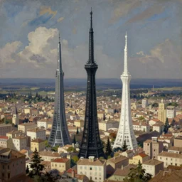 Skinny black tower, skinny white tower, Mediterranean city, fantasy magic, oil painting, digital art, illustration, wide angle, fine details, cinematic, highly detailed, 4k, concept art