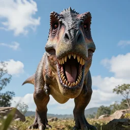 huge t - rex looking directly into the camera with his snout almost touching the lens
