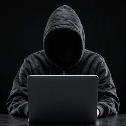 realistic photo of hacker, black background, hood, face doesn't visible, computer, extremely detailed, sharp focus, front view, minimalism, masterpiece,