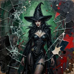 bad witch from fight club detailed mixed media collage with canvas texture in style of contemporary art, punk art, photorealism, sensual bodies, expressionism, masterpiece, perfect composition, spectacular quality, intricate oil details, broken glass photo, torn paper intricate texture, large cracks, liquid glue spots, dark green and black and red chaotic background