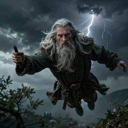 gandalf flying on a tree in the sky during a thunderstorm, detailed face, close up, hyperrealistic, dark colors, low contrast,