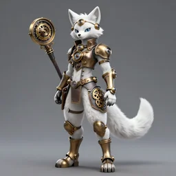 full body of anthropomorphic lynx fursona wearing steampunk suit with clockworks and gears as a tall woman with white lynx head, tail, paws, wielding complex steampunk sniper rifle, by tanidareal, irakli nadar, muggur, intricate linework, unreal engine, trending on deviantart, furry art, furaffinity, backlight, white detailed fur, thin legs,