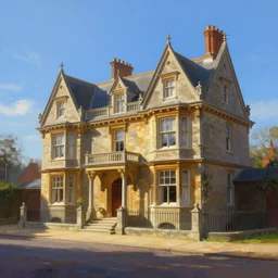 portrait of a victorian manor house on a street, courtyard, highly detailed, architecture, sunny, blue sky, cinematic lighting, godrays, volumetric, digital art painting by greg rutkowski