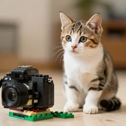 a kitten sitting next to legos, dslr, close up, f4.3