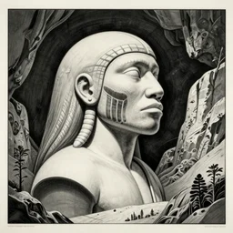 a Deep Poster artwork by Richard Corben, Howard Chaykin , of a Selk'nam in a deep conection the soul of the sea and the fire, Award winning photo, iridiscense, Houdini algorithmic generative render, Accurate and detailed, sharp focus, octane render 8k ,