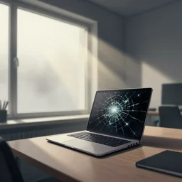 editorial illustration by karolis strautniekas and mads berg, office interior, laptop with a shattered screen, near a window window, fog, fine texture, detailed, muted colors, dramatic lighting, dynamic composition, vivid, matte print, wide angle, ( ( sunbeams ) ), moody
