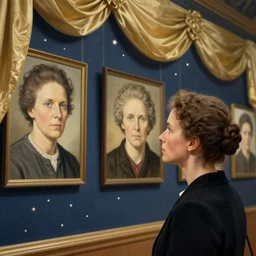 marie curie looking at image portraits on museum walls with stars and hanging silk drapery, light dust, magnificent, close up, sharp focus, elegant, highly detailed, illustration, by jordan grimmer greg rutkowski wlop maya takamura, intricate, trending artstation, pixiv, digital art