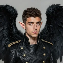 portrait painting by jeremy mann, head and shoulders portrait of zayn malik with black angel wings and elf ears by jeremy mann, wearing leather napoleonic military style jacket, pointy ears, large black wings in the background, black angel wings