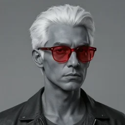 men with grey skin, white hair, wearing red tainted glasses, trending on artstation