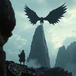 by olivia de berardinis and susan heidi, visually stunning, cinematic, ultra realistic, hyper realism, 1 2 k, epic, octane render, unreal engine, vfx, maya, a small winged creature lands on the very top of the monolith : strong dmt vibes, cowboy plague doctor : kitesail cleric, legion angel : applied biomancy