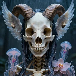 hyperrealism, night background raining, super zoom, goddess close - up portrait real human skeleton ram skull!!!! translucent octopus jellyfish!! phoenix crow wings! giant orchid!! artwork by tooth wu and wlop. octane render, trending on artstation, greg rutkowski cinematic, hyper realism, high detail, octane render, 8 k