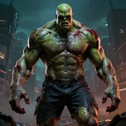 epic portrait cinematic shot an muscular huge zombie wearing shorts and covered in sweat and blood, apocalyptic city backround, shiny skin, green dirty skin, monster, fine details. night setting. realistic shaded lighting poster by craig mullism, artgerm, jeremy lipkin and michael garmash, unreal engine, radiant light, detailed and intricate environment, digital art, trending on art station,