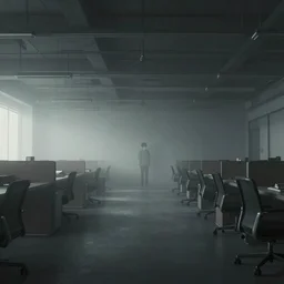 empty office space, dark, moody, foggy, made by Sean Yoro and Chie Yoshii, washed colors, high details, realistic
