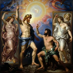 a revel with Dionysus and Silenus, by Rolf Armstrong and Evelyn De Morgan and Bastien Lecouffe-Deharme, dramatic lighting, high contrast colors, baroque, empyrean, panoramic view, as trending on Artstation, highly detailed, doom engine,