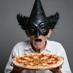 portrait photo of an old wrinkled man, skinny face, bony face, long crooked nose, large gaping mouth, black pulcinella mask, masquerade mask, pointy conical hat, white wrinkled shirt, holding up a pizza, presenting a large pizza, close - up, skin blemishes, menacing, intimidating, masterpiece by lisa kristine