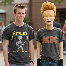 movie still teenage actors portraying beavis and butthead where beavis is wearing a metallica t - shirt and butthead is wearing an acdc t - shirt