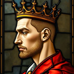 very detailed portrait of a 3 0 year old crowned king, profile view, side view, stern and confident, he is wearing a slim golden crown with short spikes, buzzcut, stubble, red coat with white collar, stained glass art, by alphonse mucha, very masterful