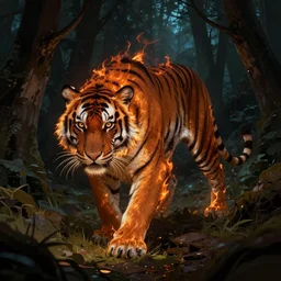 burning tiger sneaks in the night dark forest, mystery, scared, fantasy, dark, highly detailed, digital painting, concept art, sharp focus, illustration, epic light, artstation
