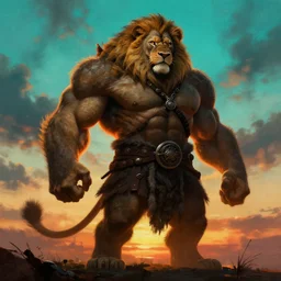 muscular oversized lion animal as barbarian hunter  with weapon and anthropomorphic human oversized mutant proportions and very hairy body , backlight  body , extreme very textured detailed panoramic  painting by andreas rocha , silhouette over sunset, dramatic clouds and cyan atmosphere
