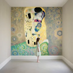 a lonely girl in an empty room, colored daguerreotype, by Mackintosh, by Klimt, art noveau, Wallpaper by Ernst Haeckel, eerie, liminal, bright pastel colors,