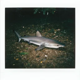 real image of shark lying in the forest, polaroid color photograph