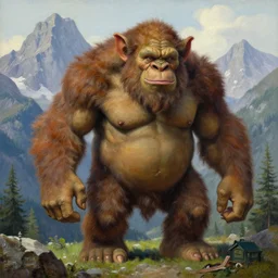 a giant troll in the mountains, detailed. Realistic painting by Thomas Cole and Wayne Barlowe, Greg Rutkowski