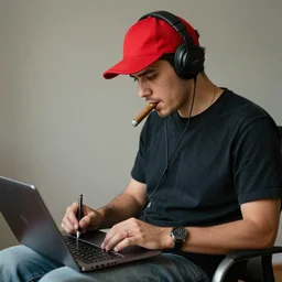 a photo of a young man with a cigar on the mouth writing on the laptop while sitting on a chair, he has headphones and a red cap, wears a watch,
