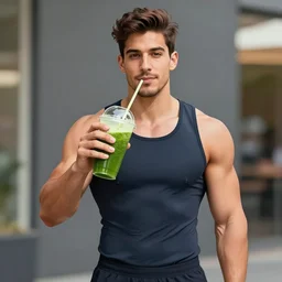 male athlete with green smoothie in hand in the style of kurzgesagt