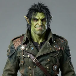 portrait of a middle aged half orc, wearing a patchwork military uniform jacket with cut sleeves and many charms and baubles worked into the fabric, with an upturned collar. green skin with thin black hair. thin fangs showing through his lower jaw with a bemused smile. blueish grey eyes staring intently with a definite intelligence. final fantasy character