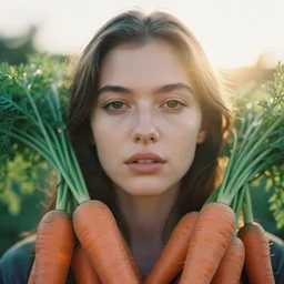 analog close up frontal face portrait photography of a beautiful woman surrounded by carrots by maxim nikolaev. vogue. kodak portra 8 0 0 film. ( depth of field ). whirl bokeh!!. golden hour. detailed. hq. realistic. warm light. muted colors. filmic. dreamy. lens flare. mamiya 7 ii, f / 1. 2, symmetrical balance, in - frame