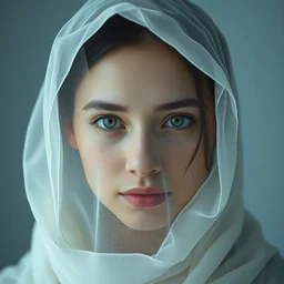 hight focus of a wonderful realistic focused sweet wonderful symmetrical centered mid portrait of a lonely woman with a semi transparent white veil wrapper into her face, dramatic light, octane render - 8 k
