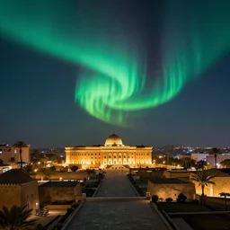 very relaxing wide shot of aurora night at magical baron palace old cairo landscape, realistic render, vivid colors