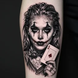 a beautiful girl with joker makeup, holding an ace card, black and white, realism tattoo design, hyper realistic